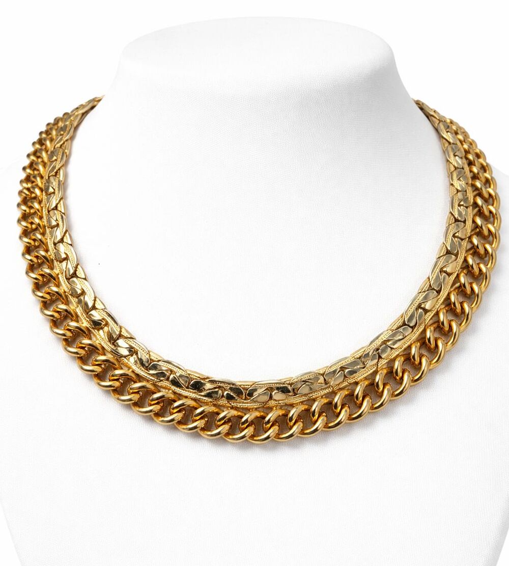 Vintage 70s Gold Silver Triple Strand Collar Necklace Chunky Curb Chain